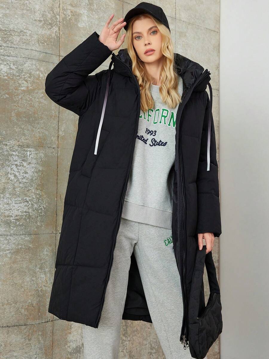 冬季保暖拉链连帽长款棉服外套 带斜口袋和抽绳的冬季外套