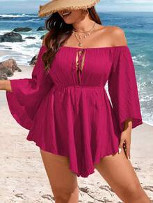 SHEIN Holidaya Cộng với kích thước màu trơn lệch vai Bộ áo liền quần viền bất đối xứng có dây rút - Màu Hồng Tươi - Xem 7