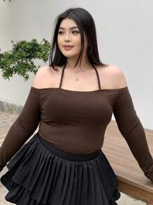 Dazy Petite Plus 大尺碼純色冷肩頸口連帽修身長袖T恤 - 咖啡棕 - 查看 4