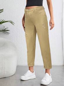 SHEIN Maternity Ripped Conical Jeans - Khaki - View 3