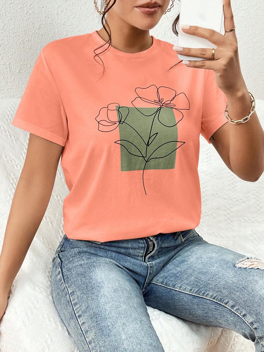 SHEIN Essnce NỮ Giải trí In Hoa Ngắn tay Áo thun Với Vòng cổ Cho mùa hè - Màu Cam san hô - Xem 1