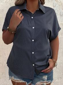 SHEIN LUNE 大尺碼女性時尚圓點短袖鈕扣衫 - 藏蓝色 - 查看 6