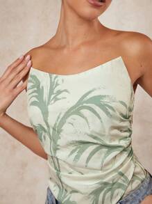 L'Amorae Leaf Print Ruched Strapless Top For Summer Vacation - Multicolor - View 3
