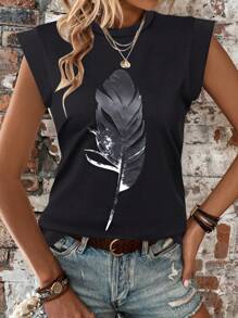 SHEIN LUNE 羽毛印花蝙蝠翼袖T恤 - 黑色 - 查看 1