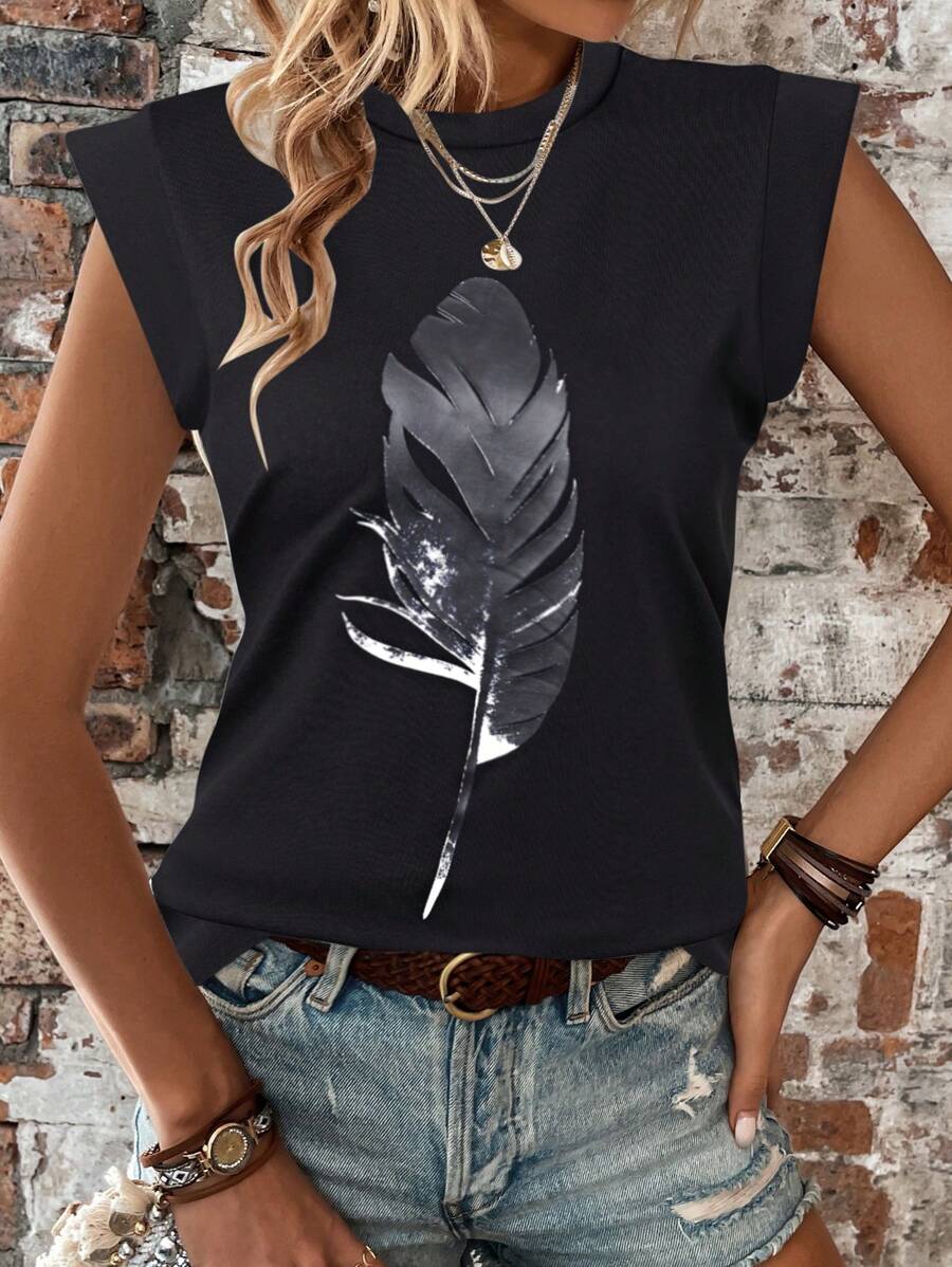 SHEIN LUNE 羽毛印花蝙蝠翼袖T恤 - 黑色 - 查看 1