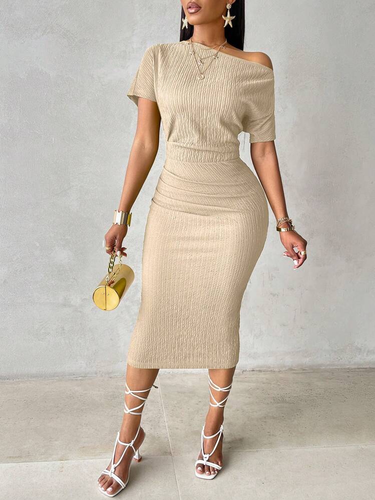 asymmetrical dress shein SHEIN Belle Asymmetrical Neck Ruched Split Thigh Bridesmaid Dress   Bechlo.pk