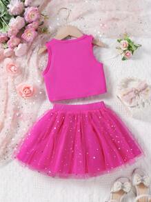 SHEIN Glamorique Kids 女童两件套无袖网纱荷叶边背心和半裙套装，适合派对/婚礼穿着 - 玫紅色 - 查看 2