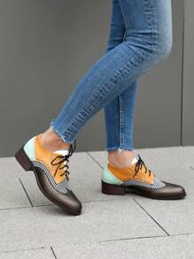 Women Retro British Style Flat Oxford Shoes Chunky Heel Lace-Up Color Block Brogue Shoes