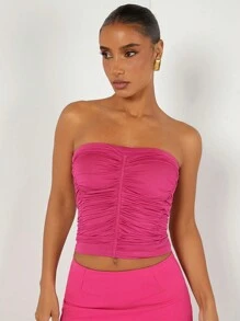 Hauture Ruched Tube Crop Solid Top For Summer Party