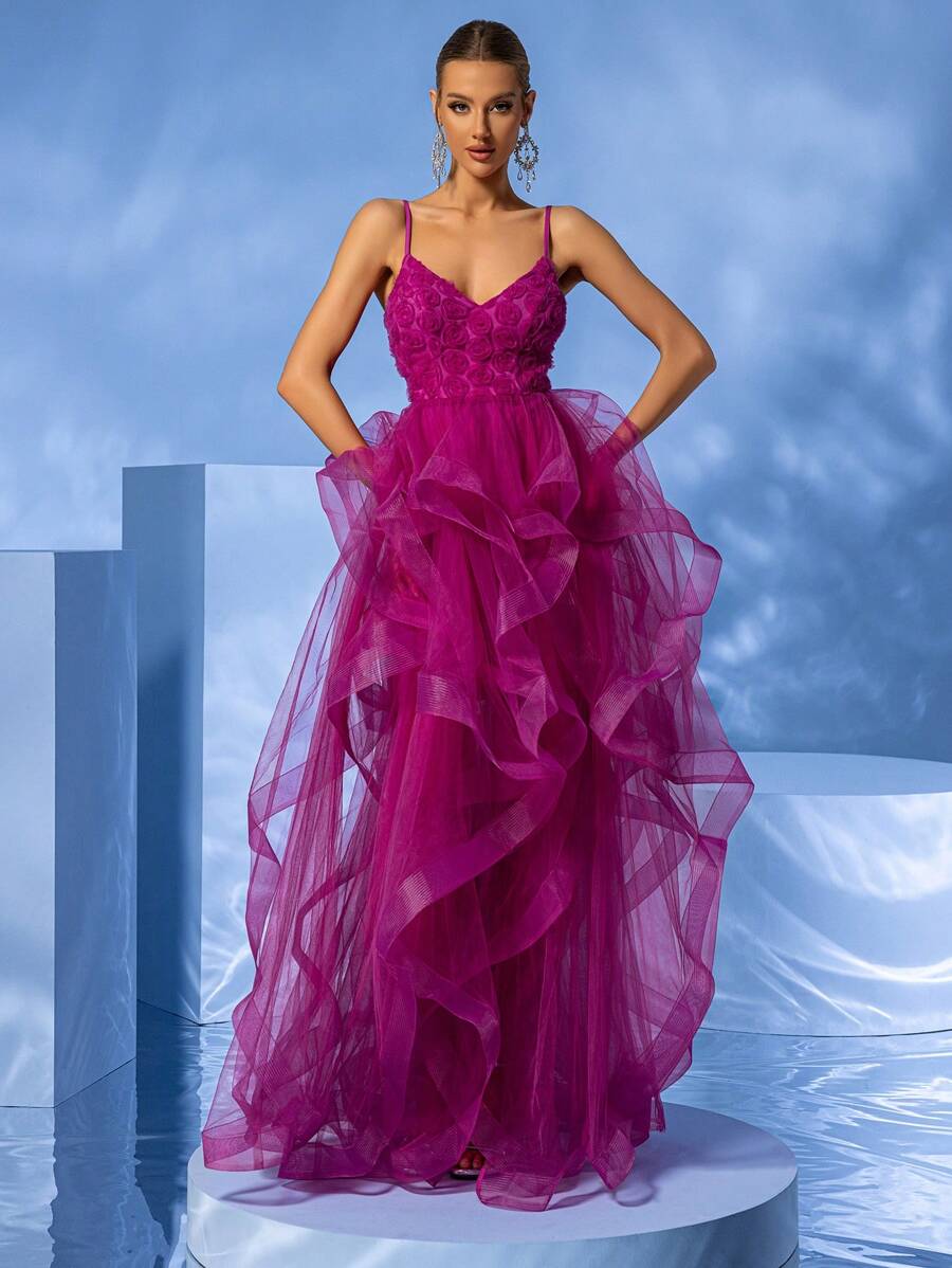 YISIKADO Ladies' Party Prom Dress With 3d Rose Print, Multi-Layer Tulle And High-End Luxury Style - Hot Pink - View 1