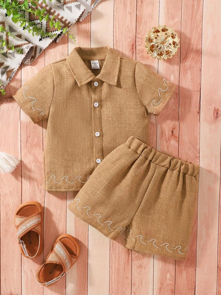 Summer Newborn Baby Boys" Casual And Simple Windproof Suit With Front Open Collar, Embroidered Short-Sleeved Shirt And Shorts Set