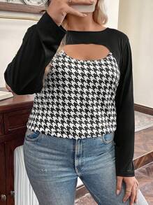 SHEIN LUNE 大碼春季休閒露肩長袖t卹,拼接荷葉邊設計,紅格紋印花圖案 - 彩色 - 查看 5