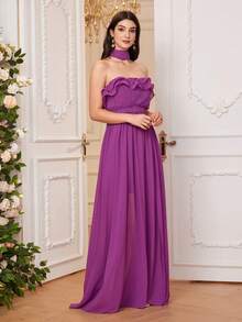 Women's Solid Color Splice Double Layered Dress With Ruffle Hem, Pleats, Side Slits, Halter Neck Design, Elegant Bridesmaid Dress - Purple - View 4