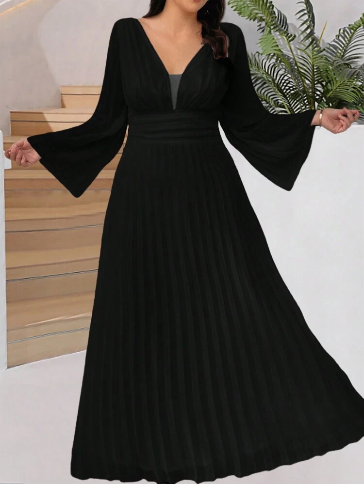 Women's Plus Size Bell Sleeves Ruffle Hem Swing Dress