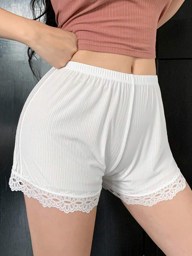 DAZY Shorts de tecido canelado com acabamento em renda - Branco - Ver 1