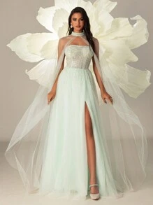 Ladies Elegant Choker Style Sheer Mesh Slit Hem Evening Gown