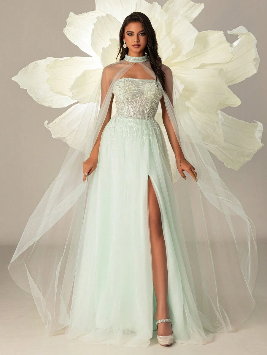 Ladies Elegant Choker Style Sheer Mesh Slit Hem Evening Gown