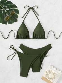 SHEIN Swim Basics V-Neck Halter Tie Bikini Set, String Beach Outfit Bathing Suit Summer,Summer Beach - Army Green - View 5
