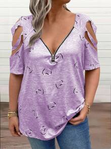 SHEIN LUNE 大尺碼女款愛心印花肩部割裂t恤 - 紫色 - 查看 6