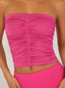 Hauture Ruched Tube Crop Solid Top For Summer Party