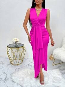 AIJ Amarilo Women's Fashion Sleeveless Pleated Asymmetric Hem Satin Wrap Dress, Summer - Hot Pink - View 6