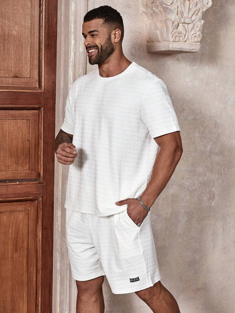 Men Plus Size Solid Textured Short Sleeve T-Shirt And Shorts Set, Summer