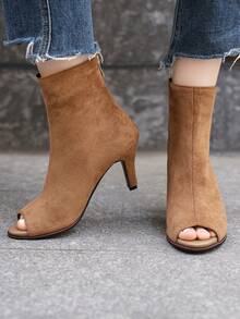 棕色弹性绒面革踝靴女式时尚露趾短靴 - 棕色 - 查看 4