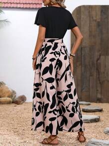 SHEIN Clasi Của phụ nữ Thực vật In Vòng cổ Ruffle Ngắn tay Áo liền quần - Nhiều màu - Xem 2