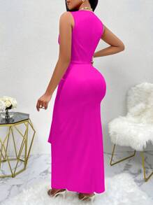 AIJ Amarilo Women's Fashion Sleeveless Pleated Asymmetric Hem Satin Wrap Dress, Summer - Hot Pink - View 2