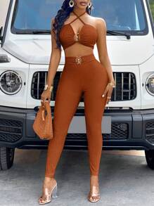 BamGleam Top de blusa con hebilla de metal, traje halter - Óxido marrón - Ver 6