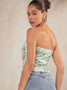 L'Amorae Leaf Print Ruched Strapless Top For Summer Vacation - Multicolor - View 2