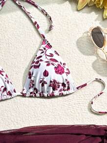 Swim Mod 3-Piece Women Separated Floral Print Bikini Set With Halter-Neck Top, Swim Bottom And Tie-Side Swim Skirt, Random Print, Summer Beach