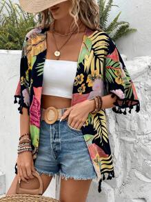 Swim Lushoire Tropical Print Tassel Trim Open Front Kimono Summer - Black - View 3