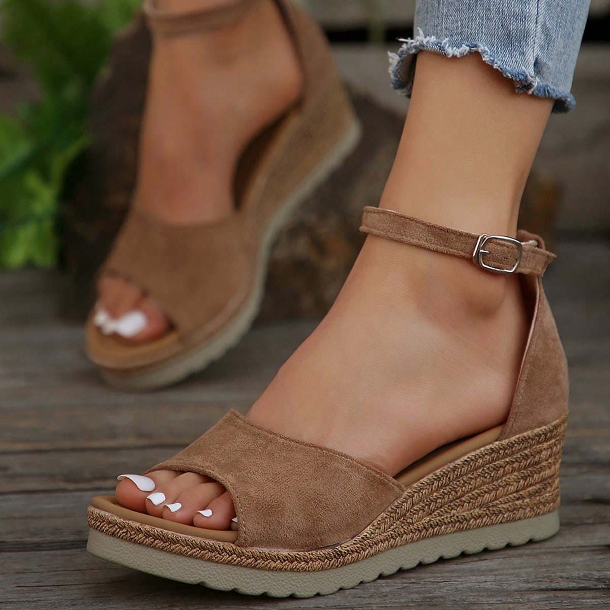 Cuñas con puntera abierta casuales y elegantes para mujer con suelas gruesas, atuendos de primavera y verano
