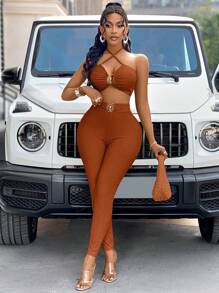 BamGleam Top de blusa con hebilla de metal, traje halter - Óxido marrón - Ver 4