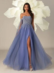 Lila hochgegürtetes, elegantes Mesh-Abendkleid für Frauen, Formale Abschlussball-Hochzeitsgast-Kleider, für Abschluss, Abendessen