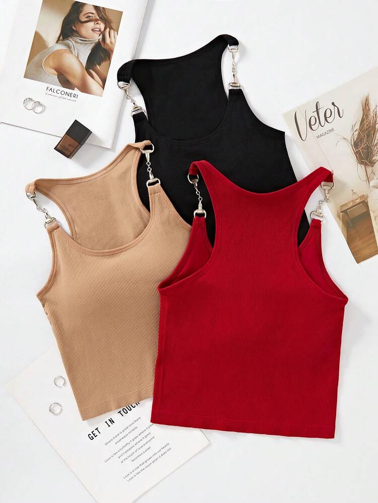 Teen Girl Vintage Chain Design Word Sleeveless Vest, Summer Fashionable Backless Tank Top For Layered Look