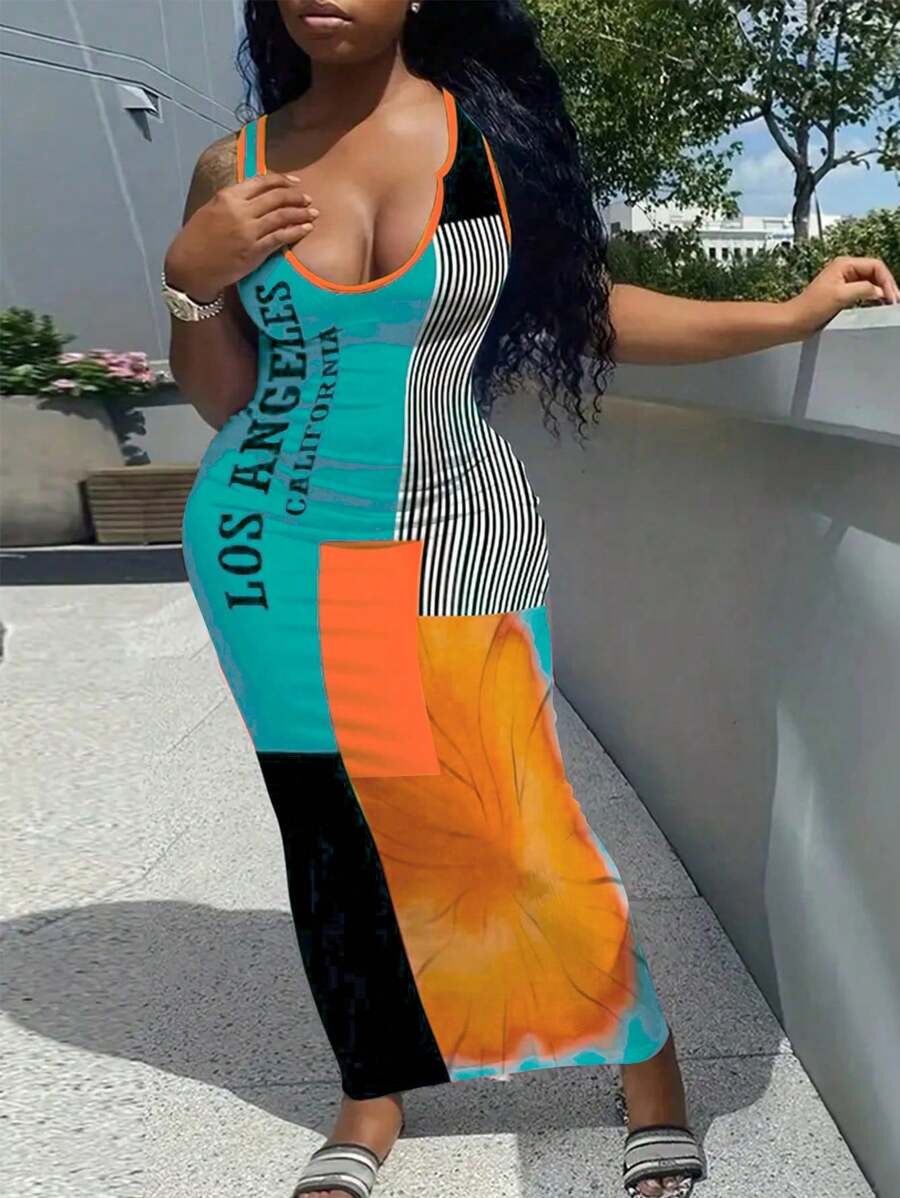 Maweii Đầm không tay ôm vừa vặn Colorblock cỡ lớn cho kỳ nghỉ hè - Màu xanh Cadet - Xem 1