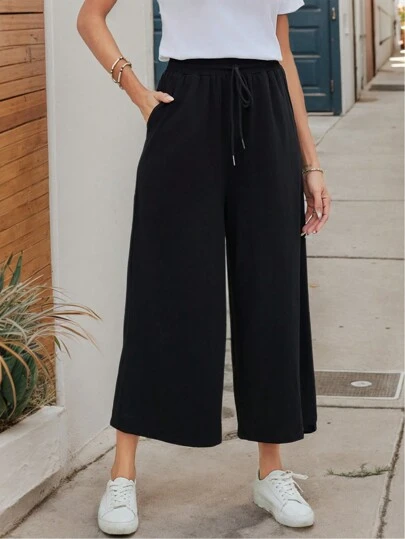 EMERY ROSE 舒適休閒針織彈性腰帶寬腳膝蓋褲,適用於夏季