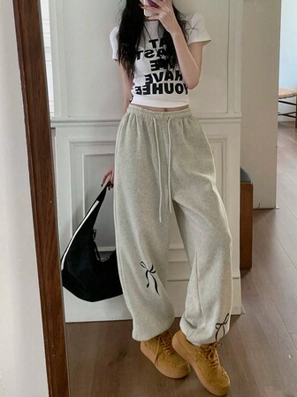 Women's Casual Bow Print Drawstring Waist Jogger Pants