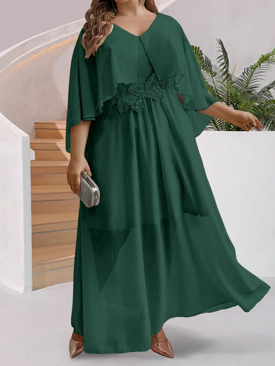 SHEIN Unity Plus Size Casual Loose Fit Spliced Water Soluble Lace Dress For Spring And Summer - Dark Green - View 1