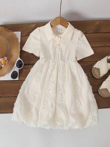 Young Girls' Dress With Floral Appliques And Patchwork Design - Apricot - View 1