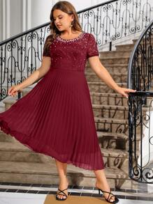 Allurite 加大码优雅短袖雪纺荷叶边蕾丝拼布仿珍珠装饰连衣裙，适合派对、圣诞节、新年、圣诞节勃艮第红长款女装婚礼 - 酒紅色 - 查看 5