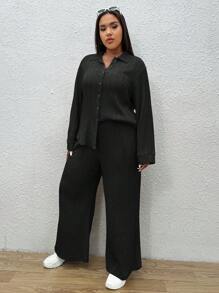 SHEIN EZwear Ensemble deux pièces de Top à manches longues et pantalon de couleur unie grande taille, pour le port quotidien au printemps - Noir - Voir 5