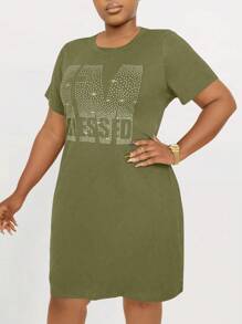 Maweii 大尺碼女士字母印花t恤連衣裙 - 軍綠色 - 查看 4