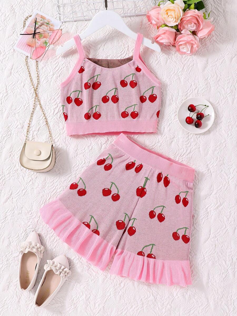 SHEIN Tween Girl Cherry Cute Ladies Pink Sweet Desire Knitted Co-Ord Set - Pink - View 1