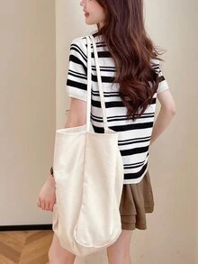 Minimalist And Versatile Striped Round Neck Short-Sleeved Pullover - Black and White - View 2