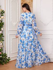 Women's Arab Style Long Floral Print Overlapping V-Neck Bell Sleeve Dress, Spring/Summer - Blue - View 2