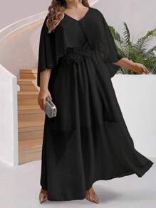 SHEIN Unity Vestido de talla grande unicolor con dobladillo con volantes para uso diario informal - Negro - Ver 1