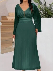 SHEIN Belle 大尺碼女式喇叭袖百褶連身裙 - 墨綠色 - 查看 1